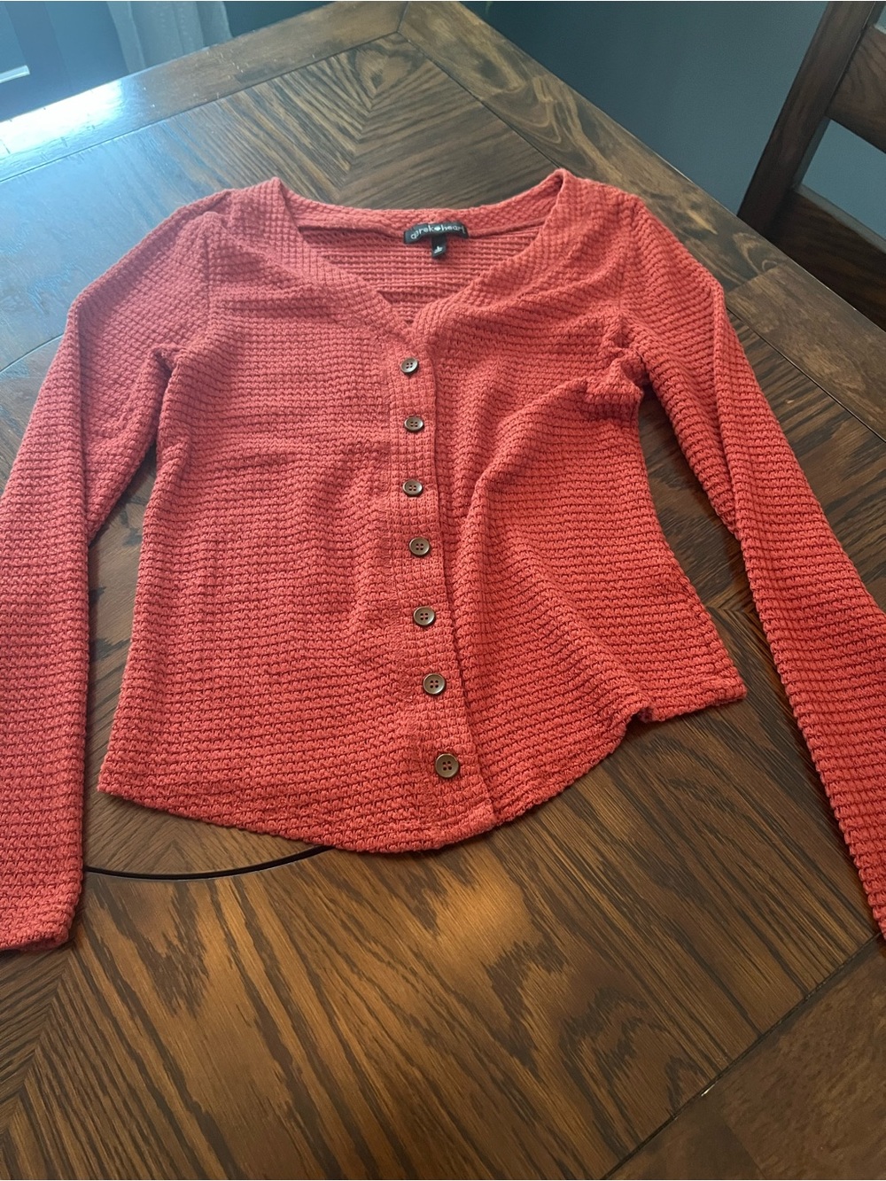 Derek Heart Women’s L Orange Waffle Knit V-Neck Button Stretch Sweater # 610